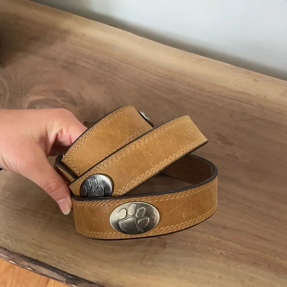 NCAA Clemson Tigers Light Crazyhorse Leather Concho Belt, Light Brown, 45 inch